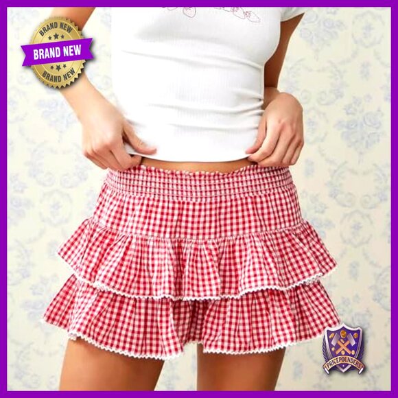 Gingham Mini Skirt Elastic Waist Ruffle Layered Plaid Fancy Lace Trim - Picture 2 of 5